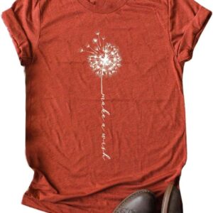 MaQiYa Womens Cute Make A Wish Dandelion Printed Tee Shirts Summer Cotton Vintage Graphic Tees Tops