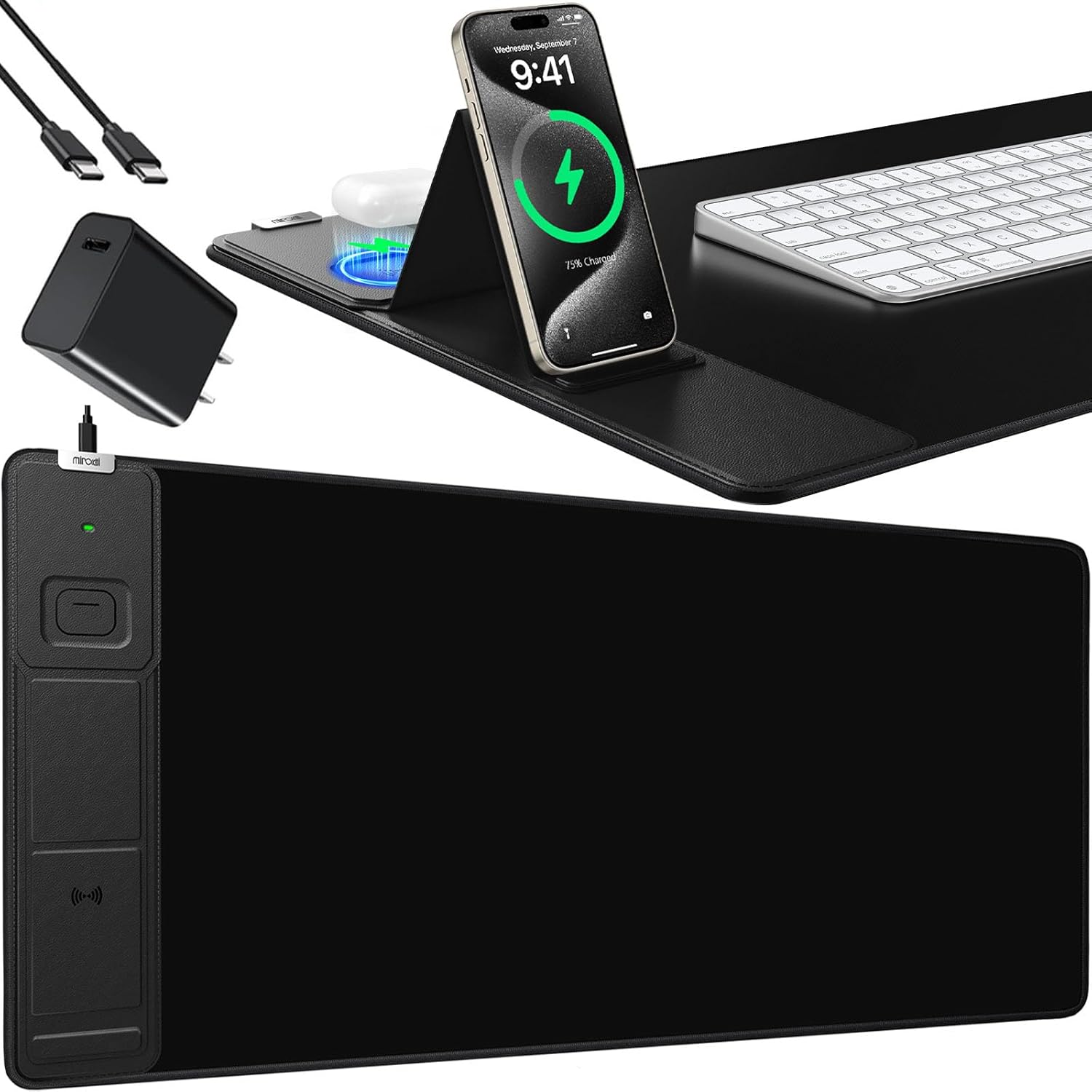 Mouse Pad, Office Desk Mat, Large Gaming Mousepad with Superior Micro-Weave Cloth, XXL Desk Pad with Stitched Edges, Non-Slip Writing Pad for Gamer, Laptop, Work & Home (Black with 20W PD Charger)