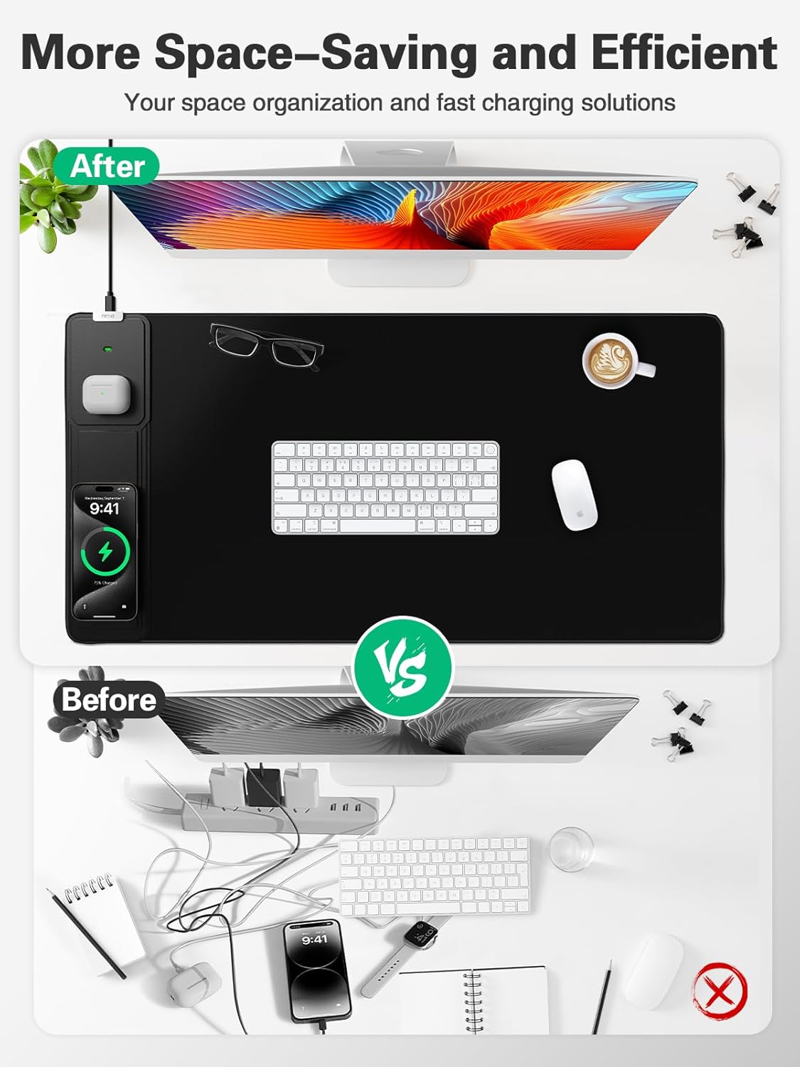 Mouse Pad, Office Desk Mat, Large Gaming Mousepad with Superior Micro-Weave Cloth, XXL Desk Pad with Stitched Edges, Non-Slip Writing Pad for Gamer, Laptop, Work & Home (Black with 20W PD Charger) - Image 3