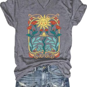 MQSVPUT Women's T-Shirts V-Neck Boho Flowers Wildflowers Tee Cute Summer Graphic Shirts Short Sleeve T Shirt