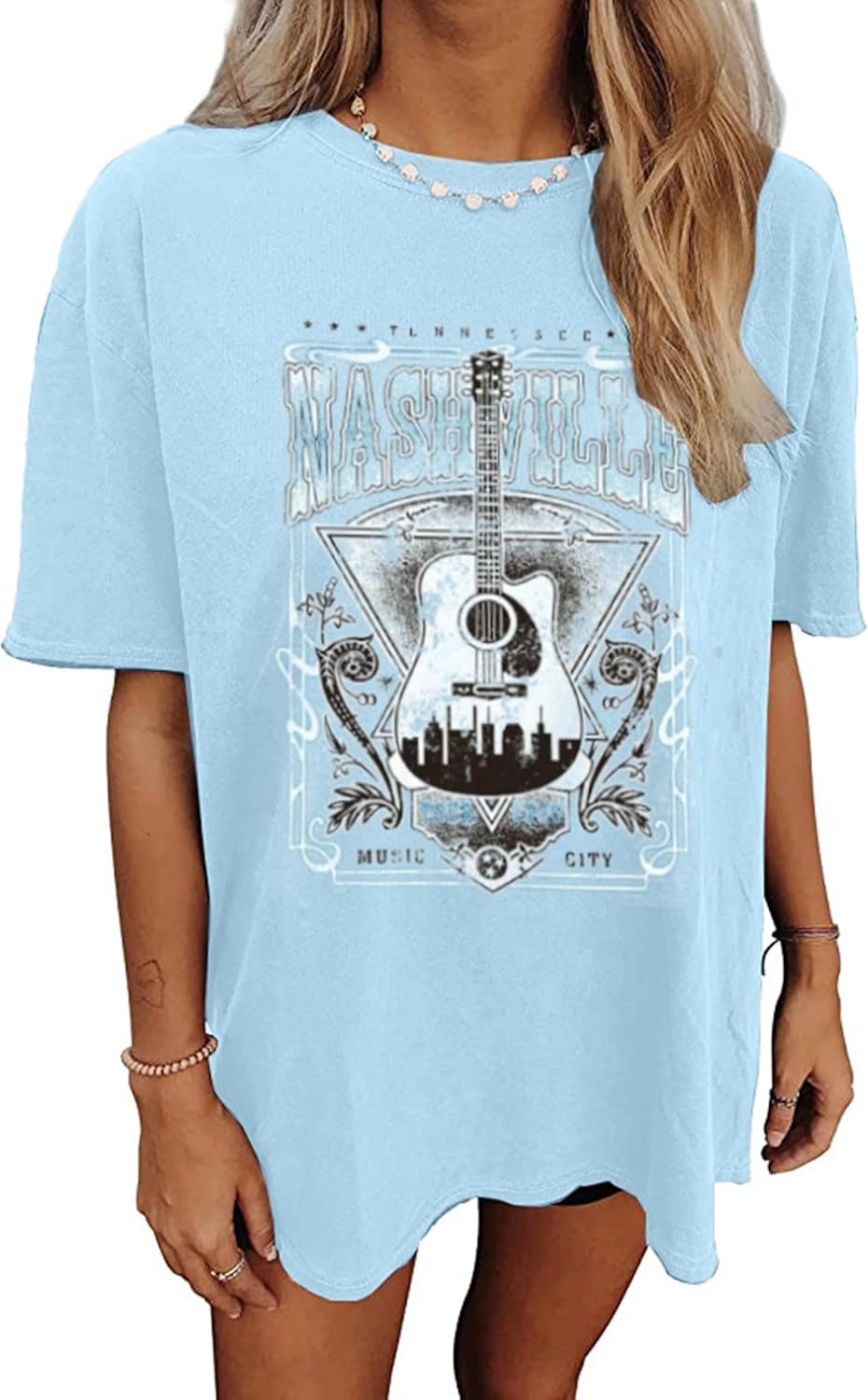 Nashville Music City T-Shirt Women Country Music Oversized Shirts Rock Band Tshirt Vintage Guitar Wings Graphic Tees - Image 21