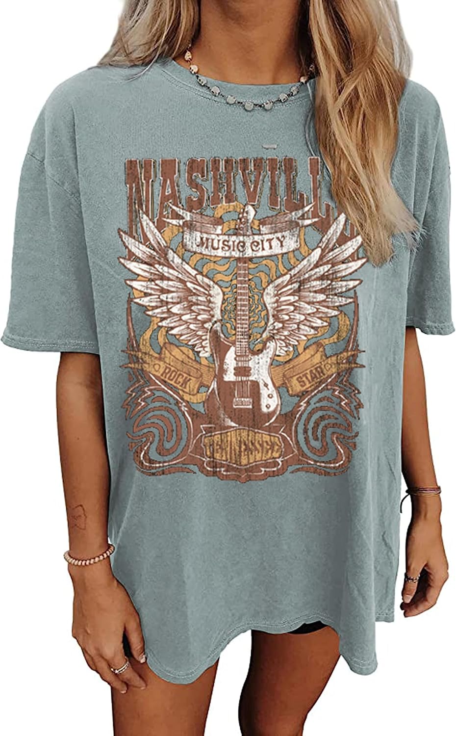Nashville Music City T-Shirt Women Country Music Oversized Shirts Rock Band Tshirt Vintage Guitar Wings Graphic Tees - Image 18