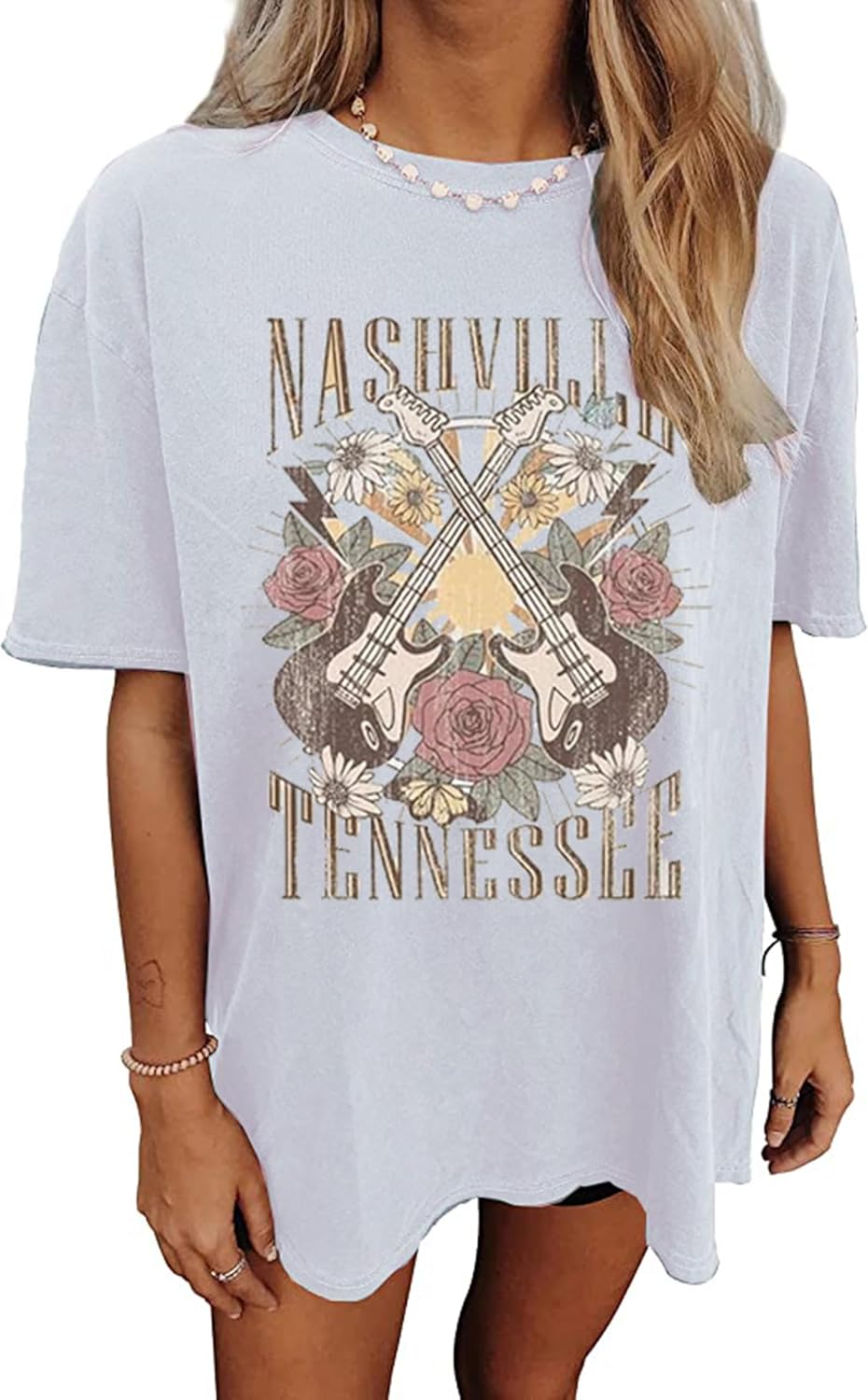 Nashville Music City T-Shirt Women Country Music Oversized Shirts Rock Band Tshirt Vintage Guitar Wings Graphic Tees - Image 7