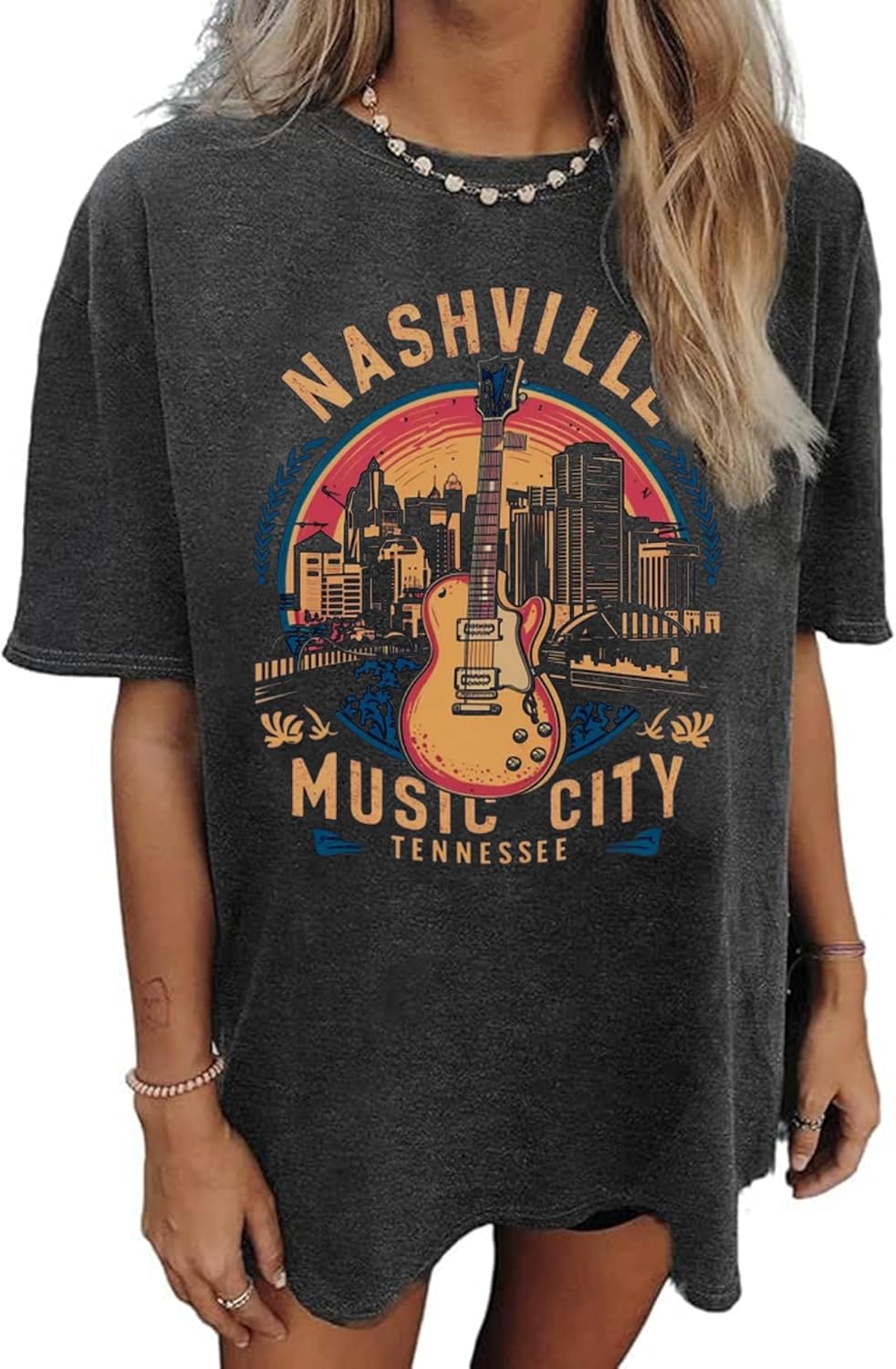 Nashville Music City T-Shirt Women Country Music Oversized Shirts Rock Band Tshirt Vintage Guitar Wings Graphic Tees - Image 16