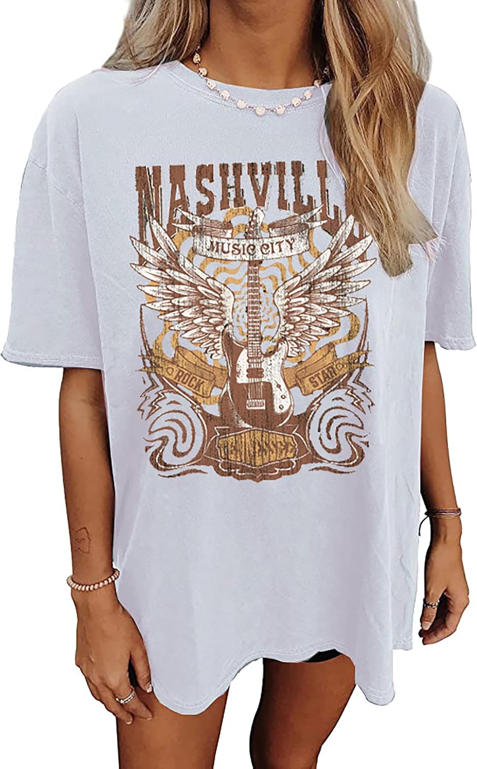 Nashville Music City T-Shirt Women Country Music Oversized Shirts Rock Band Tshirt Vintage Guitar Wings Graphic Tees - Image 19