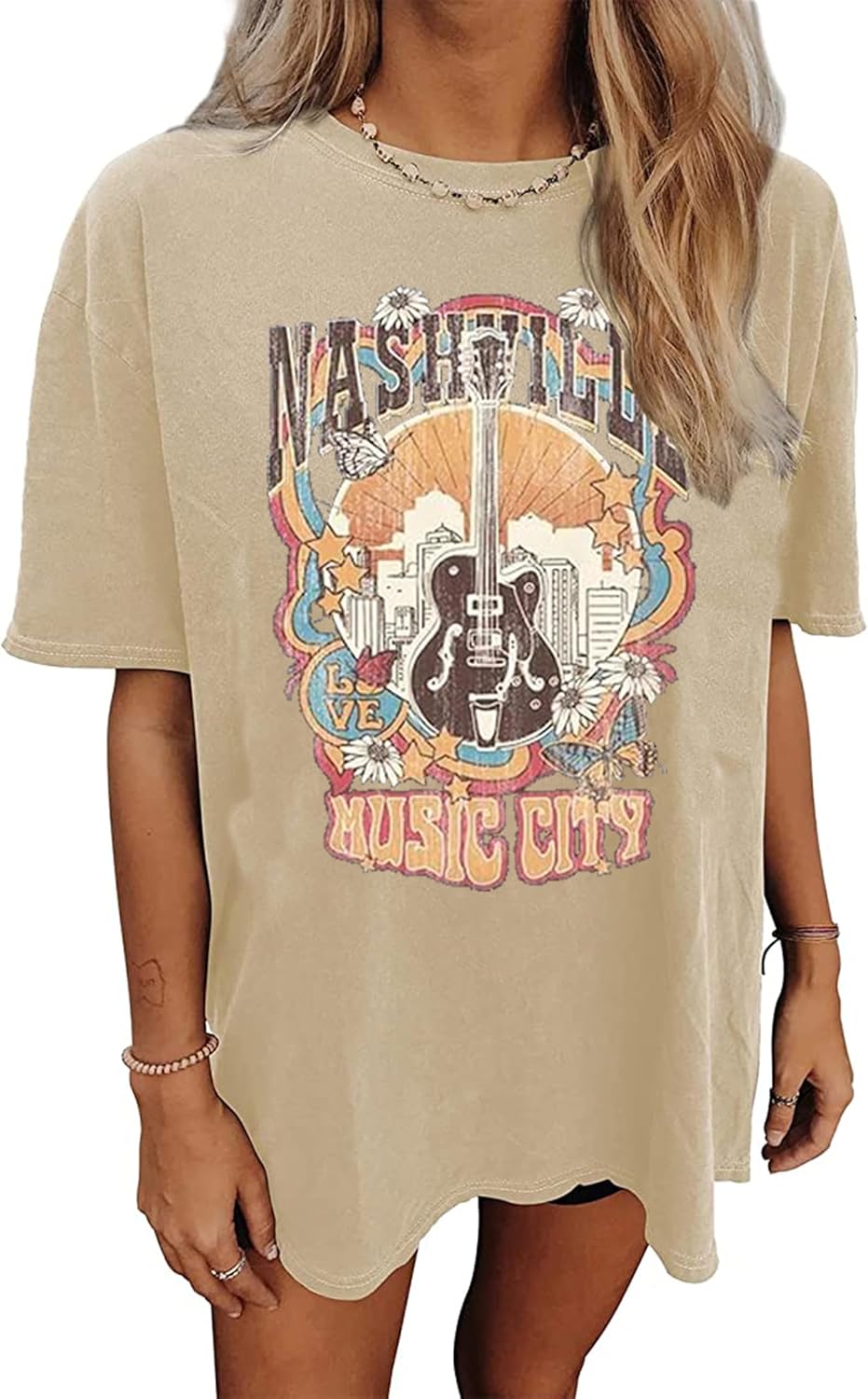 Nashville Music City T-Shirt Women Country Music Oversized Shirts Rock Band Tshirt Vintage Guitar Wings Graphic Tees - Image 15