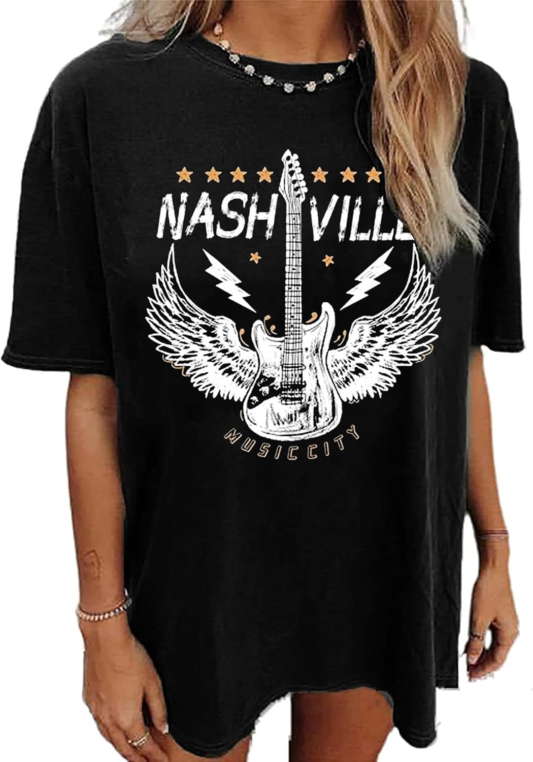 Nashville Music City T-Shirt Women Country Music Oversized Shirts Rock Band Tshirt Vintage Guitar Wings Graphic Tees - Image 22