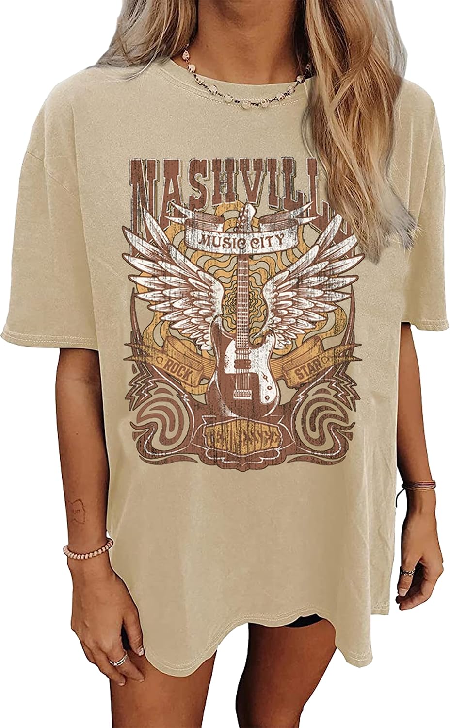Nashville Music City T-Shirt Women Country Music Oversized Shirts Rock Band Tshirt Vintage Guitar Wings Graphic Tees - Image 10