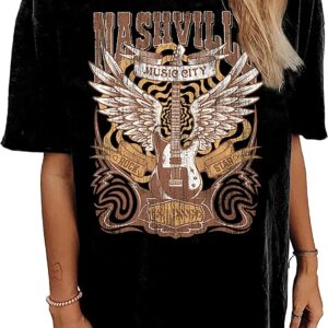 Nashville Music City T-Shirt Women Country Music Oversized Shirts Rock Band Tshirt Vintage Guitar Wings Graphic Tees