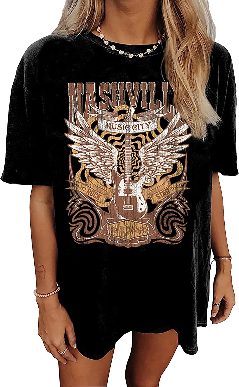 Nashville Music City T-Shirt Women Country Music Oversized Shirts Rock Band Tshirt Vintage Guitar Wings Graphic Tees