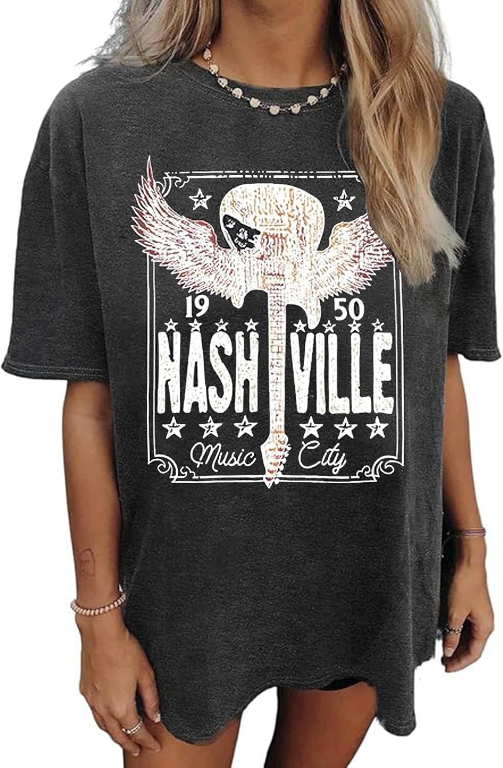 Nashville Music City T-Shirt Women Country Music Oversized Shirts Rock Band Tshirt Vintage Guitar Wings Graphic Tees - Image 14
