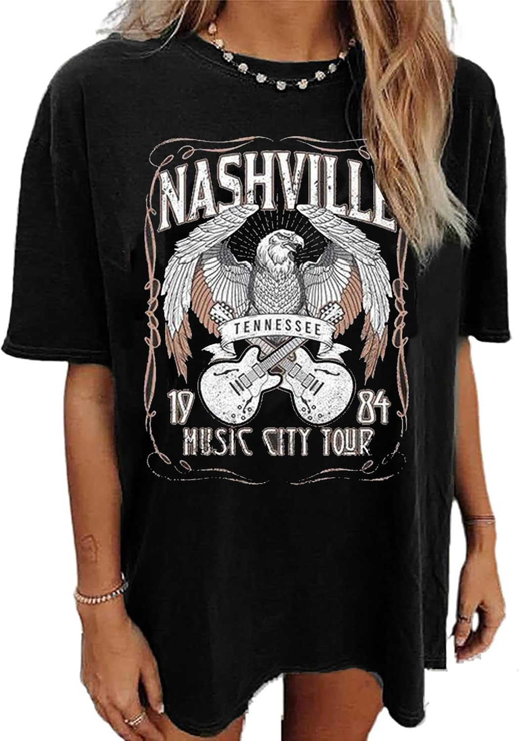 Nashville Music City T-Shirt Women Country Music Oversized Shirts Rock Band Tshirt Vintage Guitar Wings Graphic Tees - Image 6