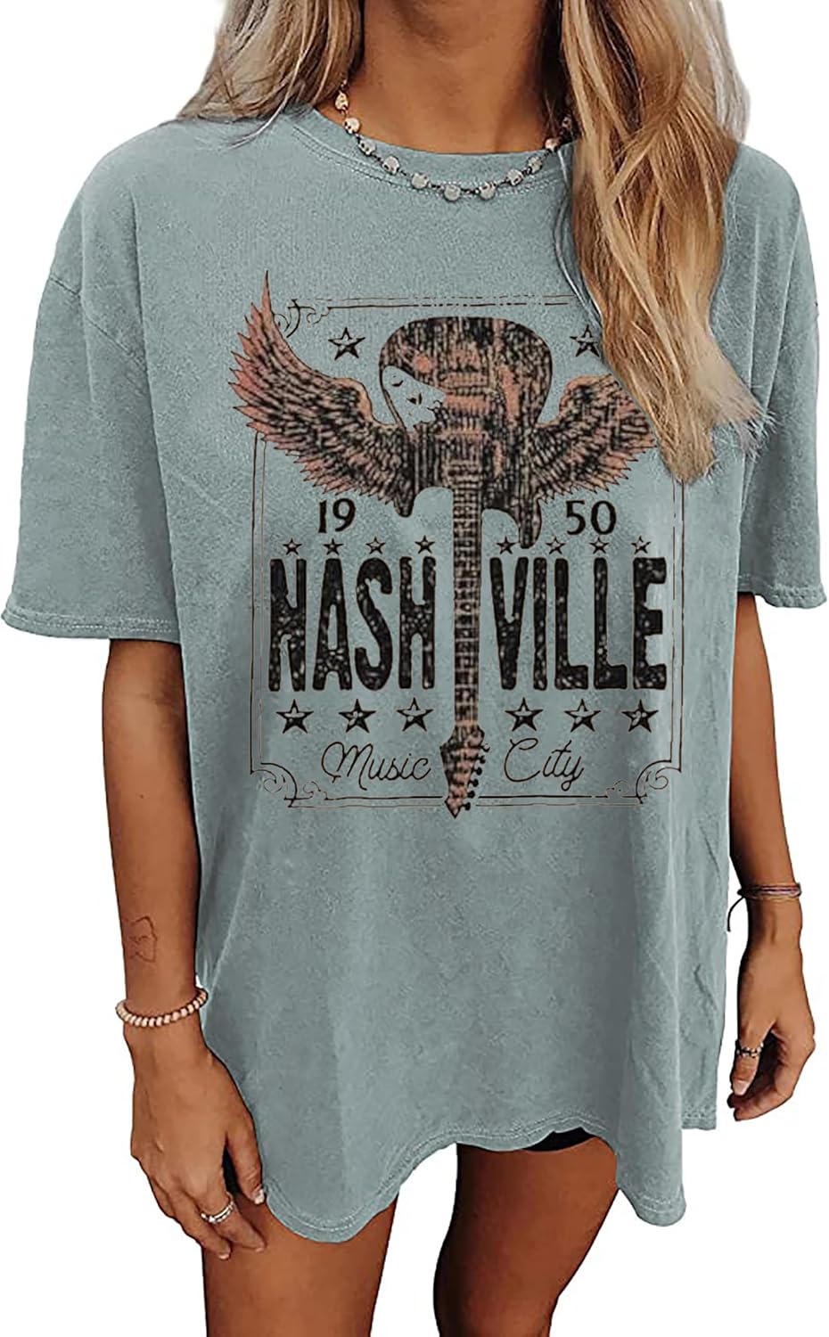 Nashville Music City T-Shirt Women Country Music Oversized Shirts Rock Band Tshirt Vintage Guitar Wings Graphic Tees - Image 12