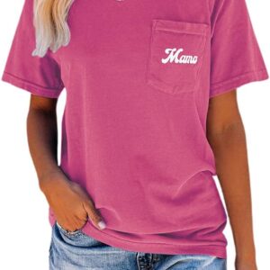 NIUBIA Women's Letter Print Basic Crew Neck Tee Summer Short Sleeve T-Shirt with Pockets Loose Fitting Tops