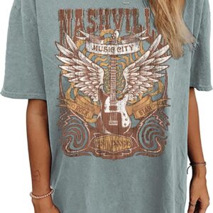 Oversized Rock Band T-Shirt Women Country Music Shirt Tops Nashville Music City Tshirt Vintage Guitar Wings Graphic Tees