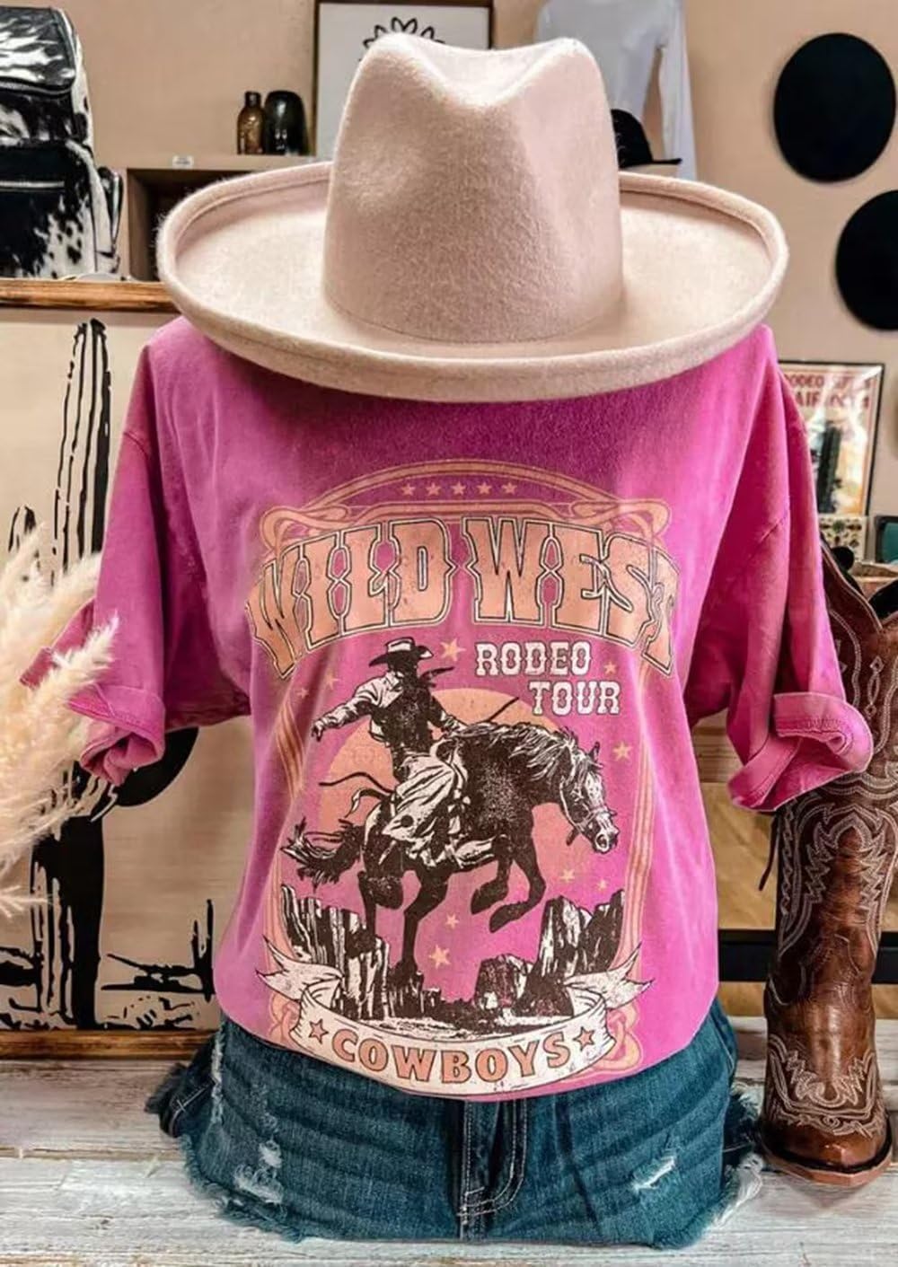 Oversized Wild West Cowboys T-Shirt for Women Vintage Country Music Tee Western Rodeo Graphic Tee Short Sleeve Loose Top - Image 5