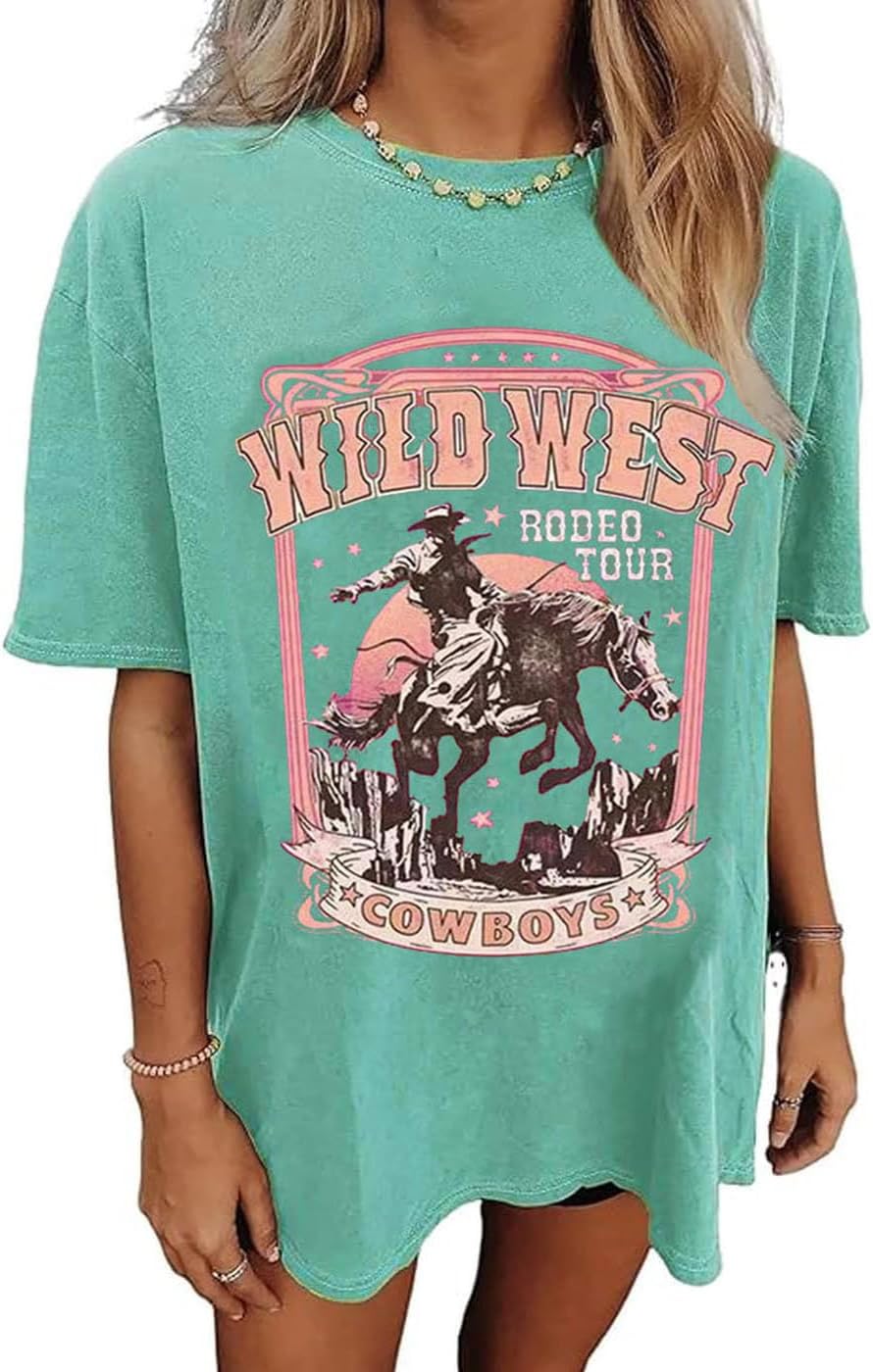 Oversized Wild West Cowboys T-Shirt for Women Vintage Country Music Tee Western Rodeo Graphic Tee Short Sleeve Loose Top - Image 28