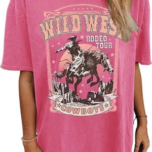 Oversized Wild West Cowboys T-Shirt for Women Vintage Country Music Tee Western Rodeo Graphic Tee Short Sleeve Loose Top