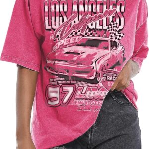 Pairxily Oversized Graphic Tees for Women Baggy Streetwear Preppy Shirts for Teens Race Car Checkered Flag Drop Shoulder Top