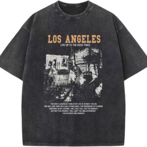 Pairxily Oversized Graphic Tshirts for Men Acid Wash Los Angeles Vintage Tees Streetwear Baggy Cotton Shirts Casual Tops