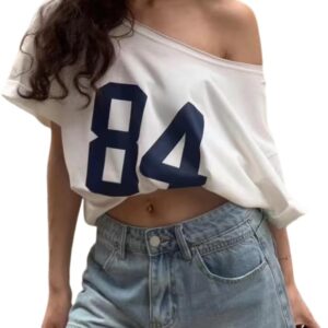 Pinclodly Off The Shoulder Tops for Women Short Sleeve Y2K Jersey Number Graphic Oversized Tshirts E-Girl Tees