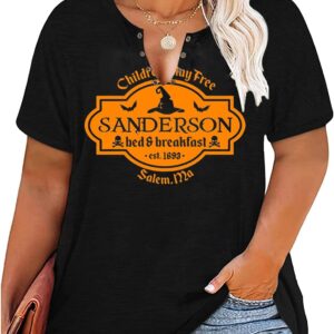 Plus Size Halloween V-Neck T-Shirt Women Sanderson Witch Museum Graphic Tees Hocus Pocus Short Sleeve Shirts Tops