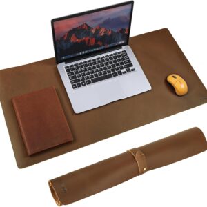 Polare 2mm Thick Full Grain Leather Desk Pad Protector 31.5 x 15.7 inch Desktop Blotter Mats for Keyboard and Mouse Non-Slip Desk Writing Pad for Office and Home (Brown)