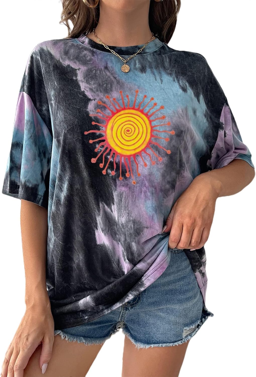 Remidoo Women's Casual Crewneck Short Sleeve Sun and Moon Print Tie Dye Oversized Graphic Top - Image 20