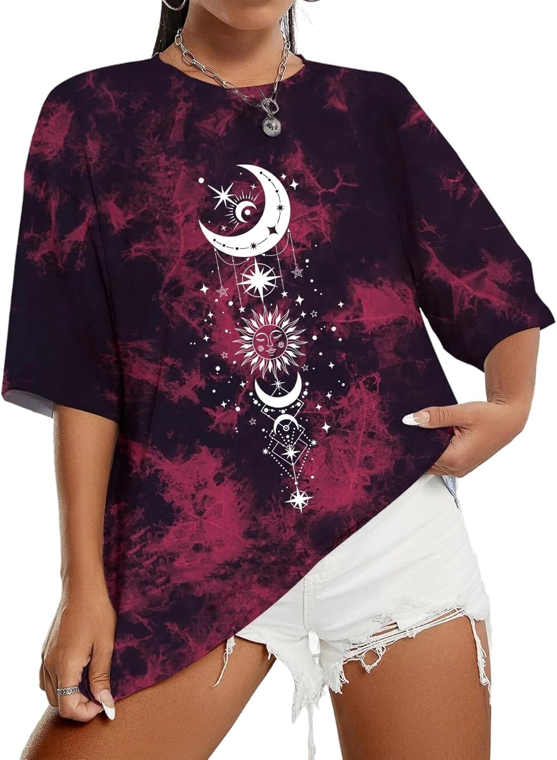 Remidoo Women's Casual Crewneck Short Sleeve Sun and Moon Print Tie Dye Oversized Graphic Top - Image 11