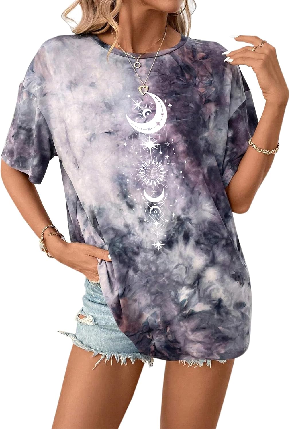 Remidoo Women's Casual Crewneck Short Sleeve Sun and Moon Print Tie Dye Oversized Graphic Top - Image 9