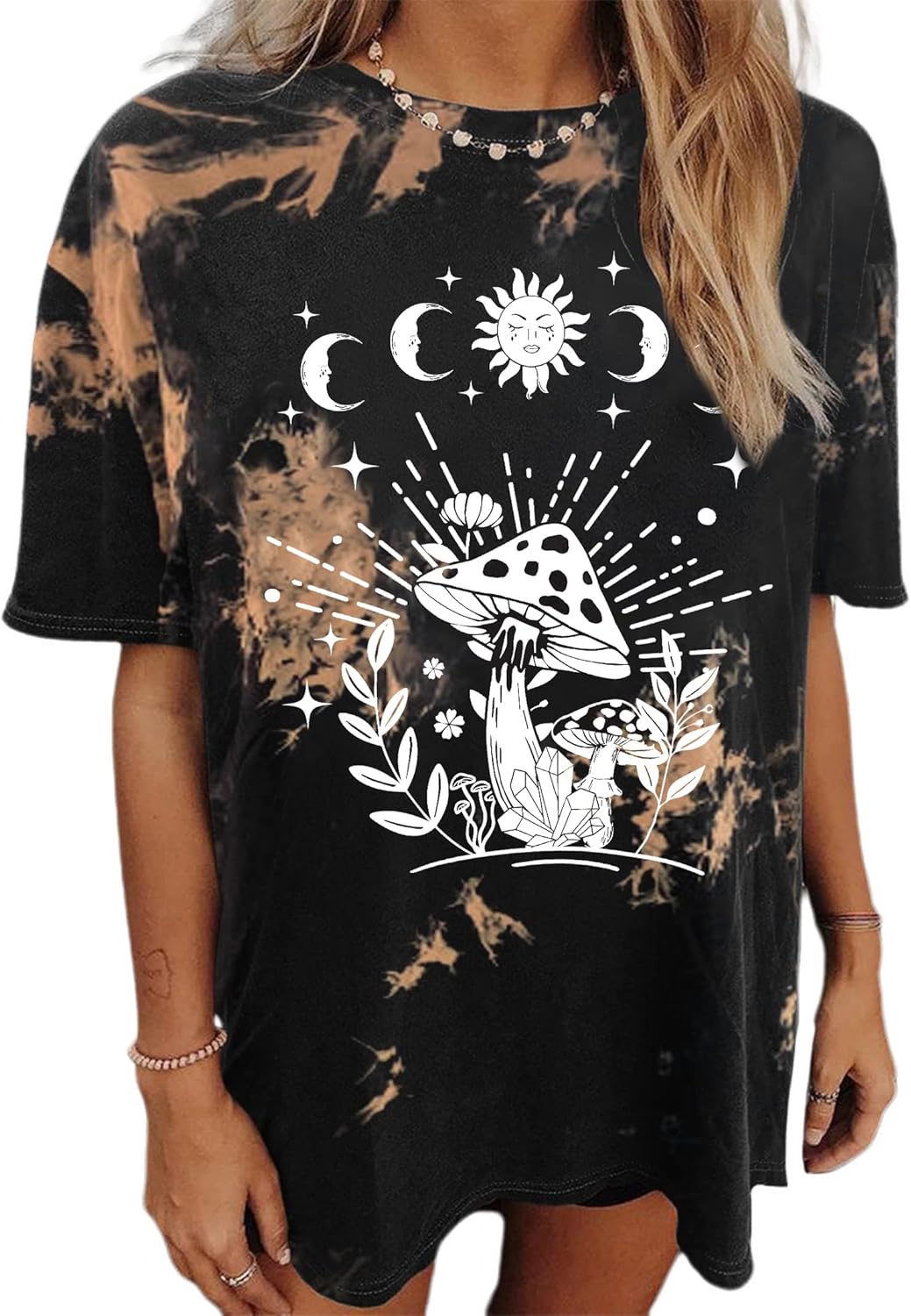 Remidoo Women's Casual Crewneck Short Sleeve Sun and Moon Print Tie Dye Oversized Graphic Top - Image 22