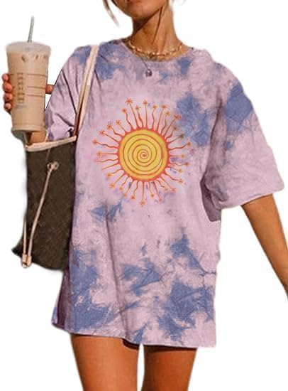 Remidoo Women's Casual Crewneck Short Sleeve Sun and Moon Print Tie Dye Oversized Graphic Top - Image 2