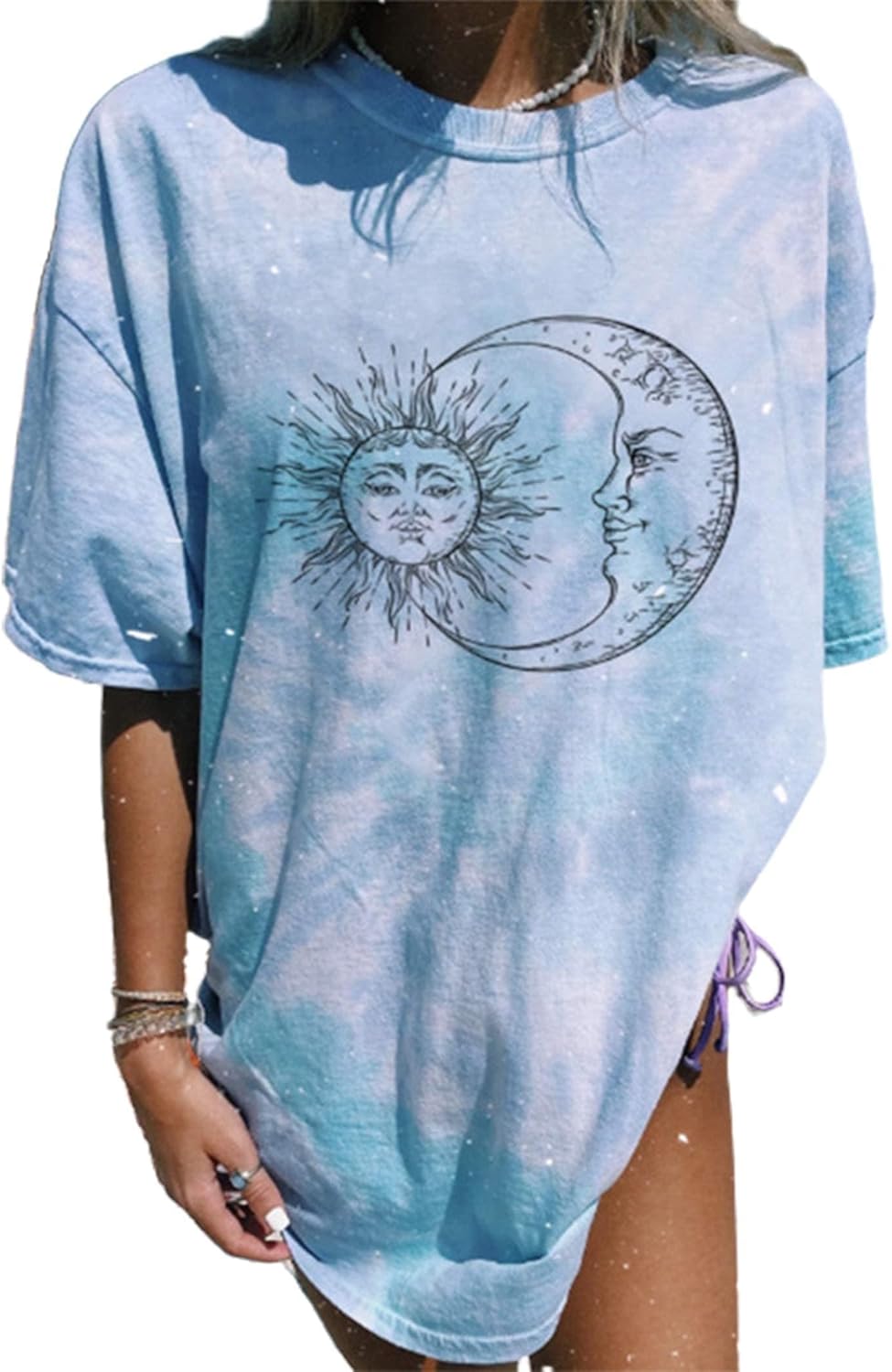 Remidoo Women's Casual Crewneck Short Sleeve Sun and Moon Print Tie Dye Oversized Graphic Top - Image 16
