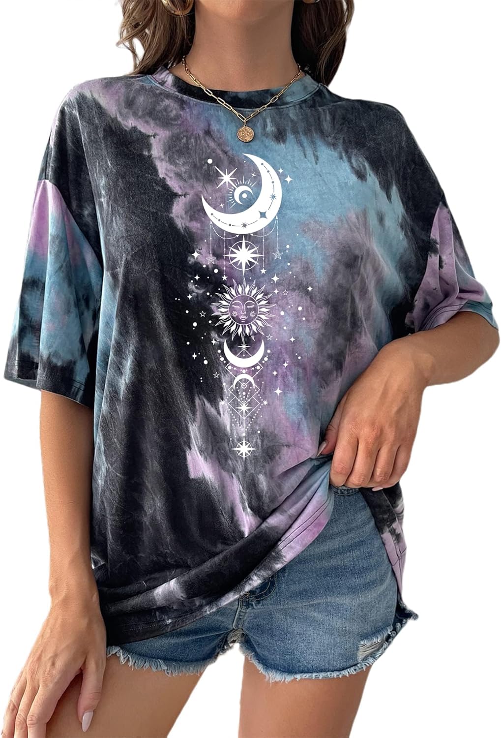 Remidoo Women's Casual Crewneck Short Sleeve Sun and Moon Print Tie Dye Oversized Graphic Top - Image 10