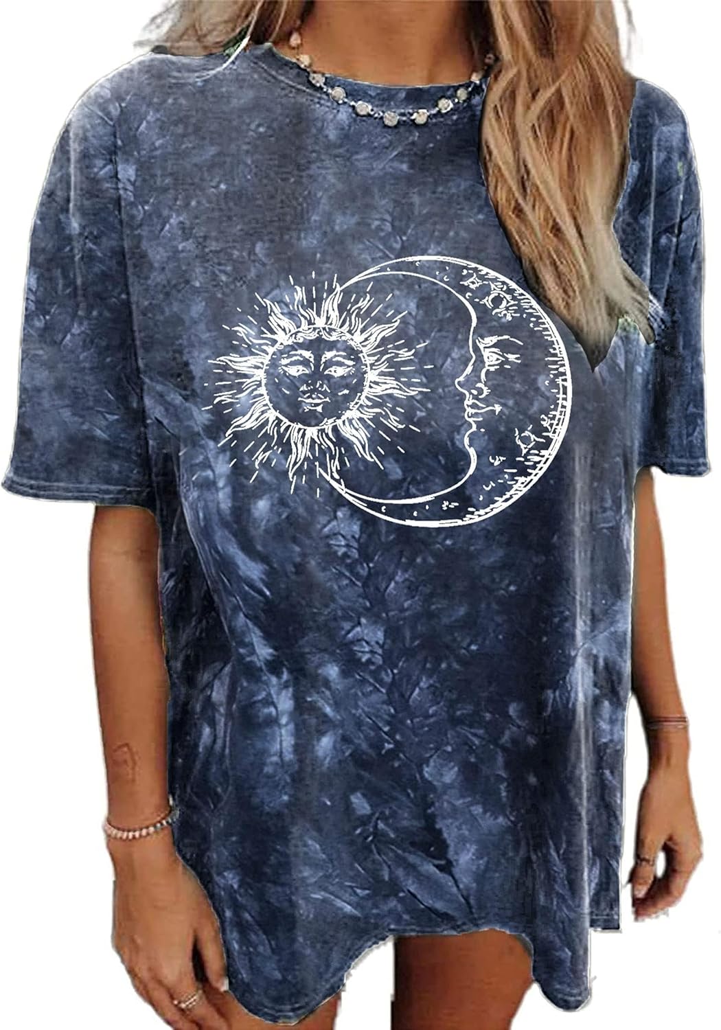 Remidoo Women's Casual Crewneck Short Sleeve Sun and Moon Print Tie Dye Oversized Graphic Top - Image 15