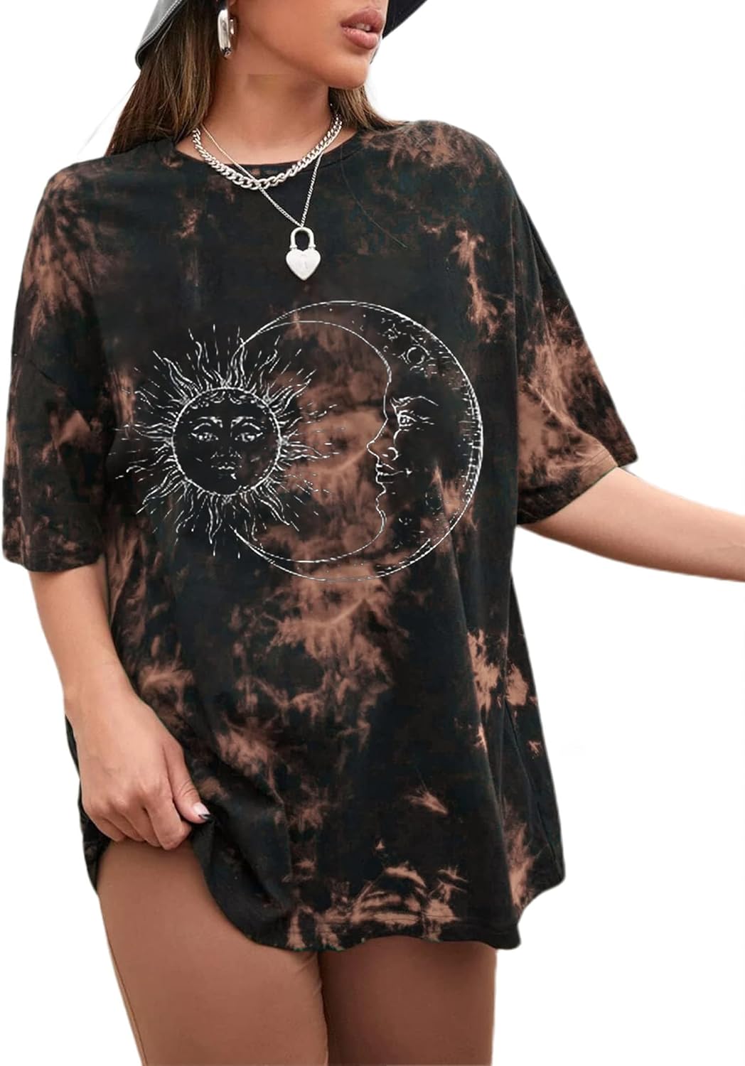 Remidoo Women's Casual Crewneck Short Sleeve Sun and Moon Print Tie Dye Oversized Graphic Top - Image 14