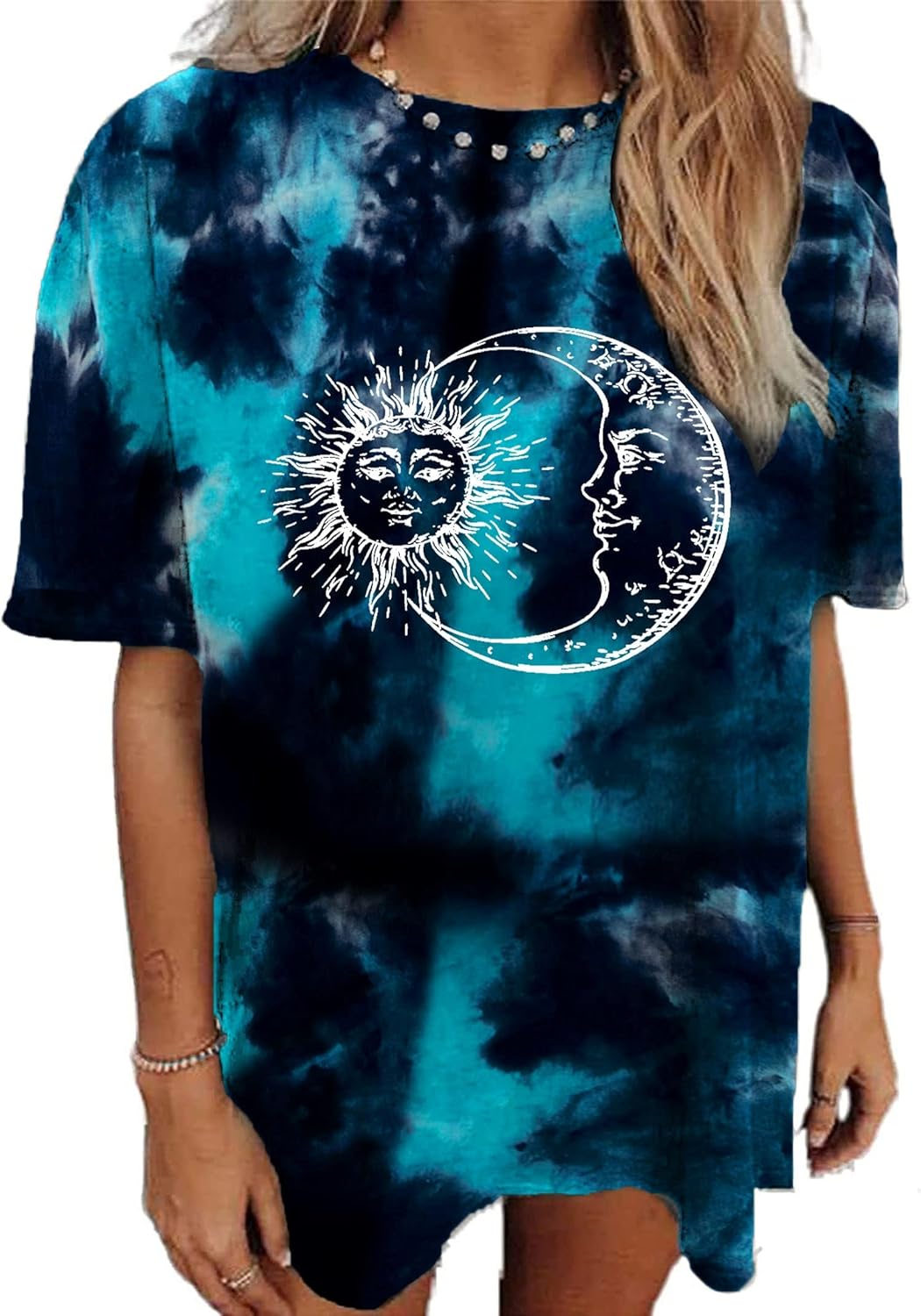 Remidoo Women's Casual Crewneck Short Sleeve Sun and Moon Print Tie Dye Oversized Graphic Top - Image 13