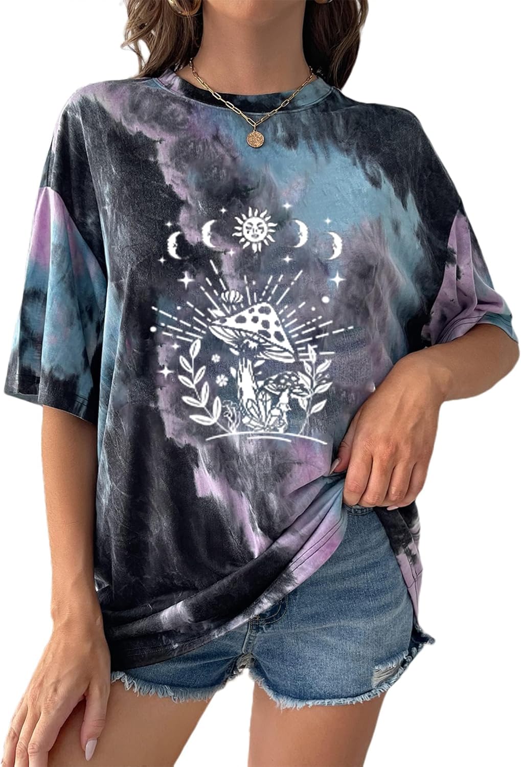 Remidoo Women's Casual Crewneck Short Sleeve Sun and Moon Print Tie Dye Oversized Graphic Top - Image 23