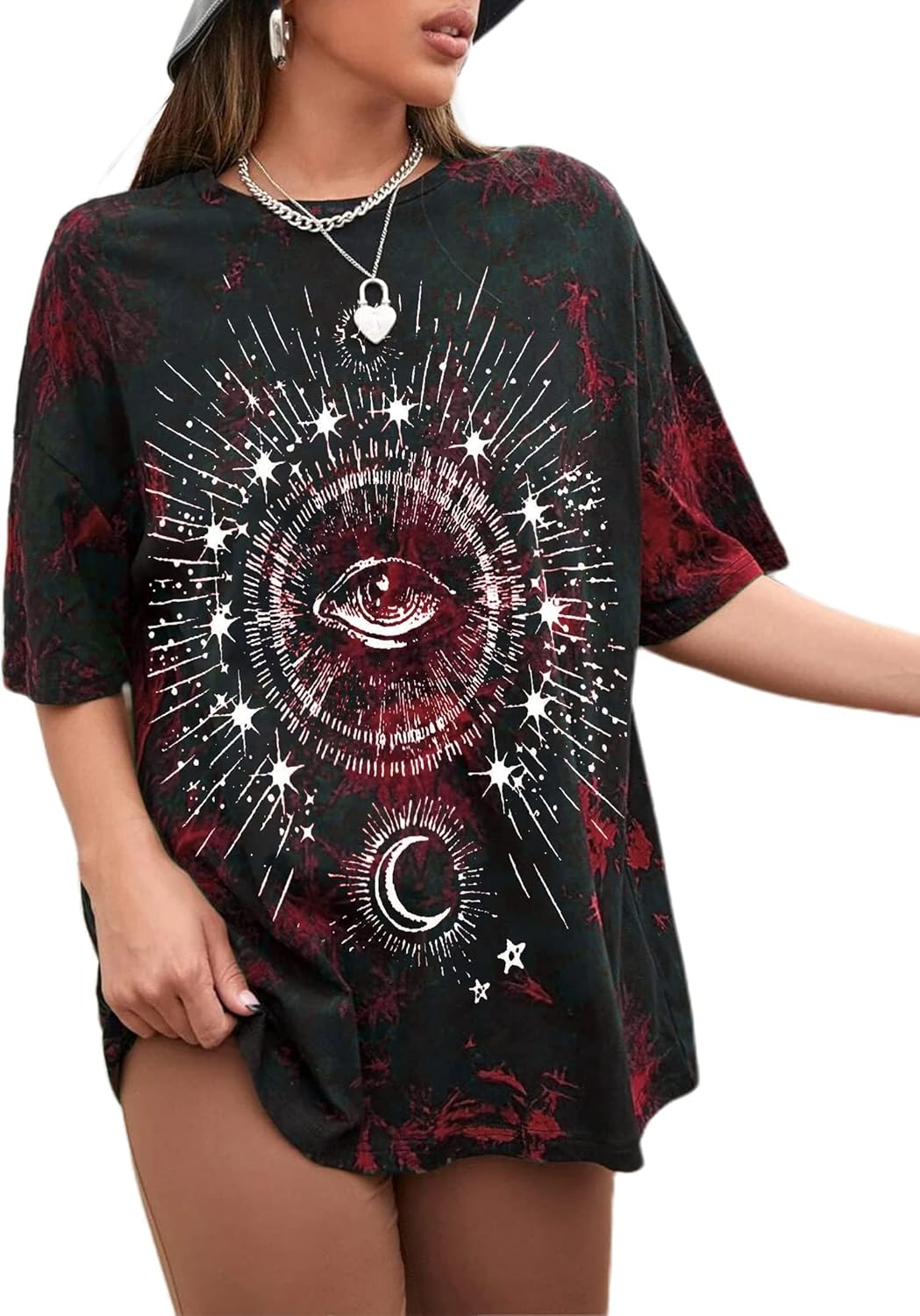 Remidoo Women's Casual Crewneck Short Sleeve Sun and Moon Print Tie Dye Oversized Graphic Top - Image 17