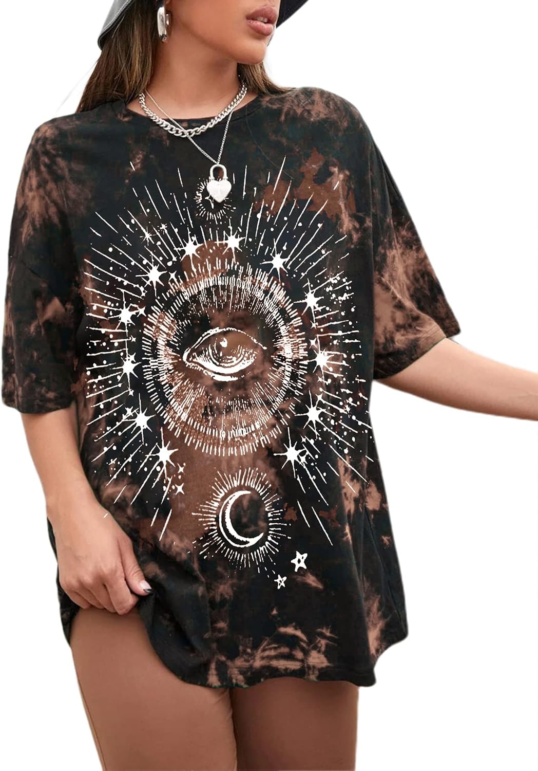 Remidoo Women's Casual Crewneck Short Sleeve Sun and Moon Print Tie Dye Oversized Graphic Top - Image 12