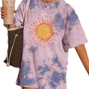 Remidoo Women's Casual Crewneck Short Sleeve Sun and Moon Print Tie Dye Oversized Graphic Top