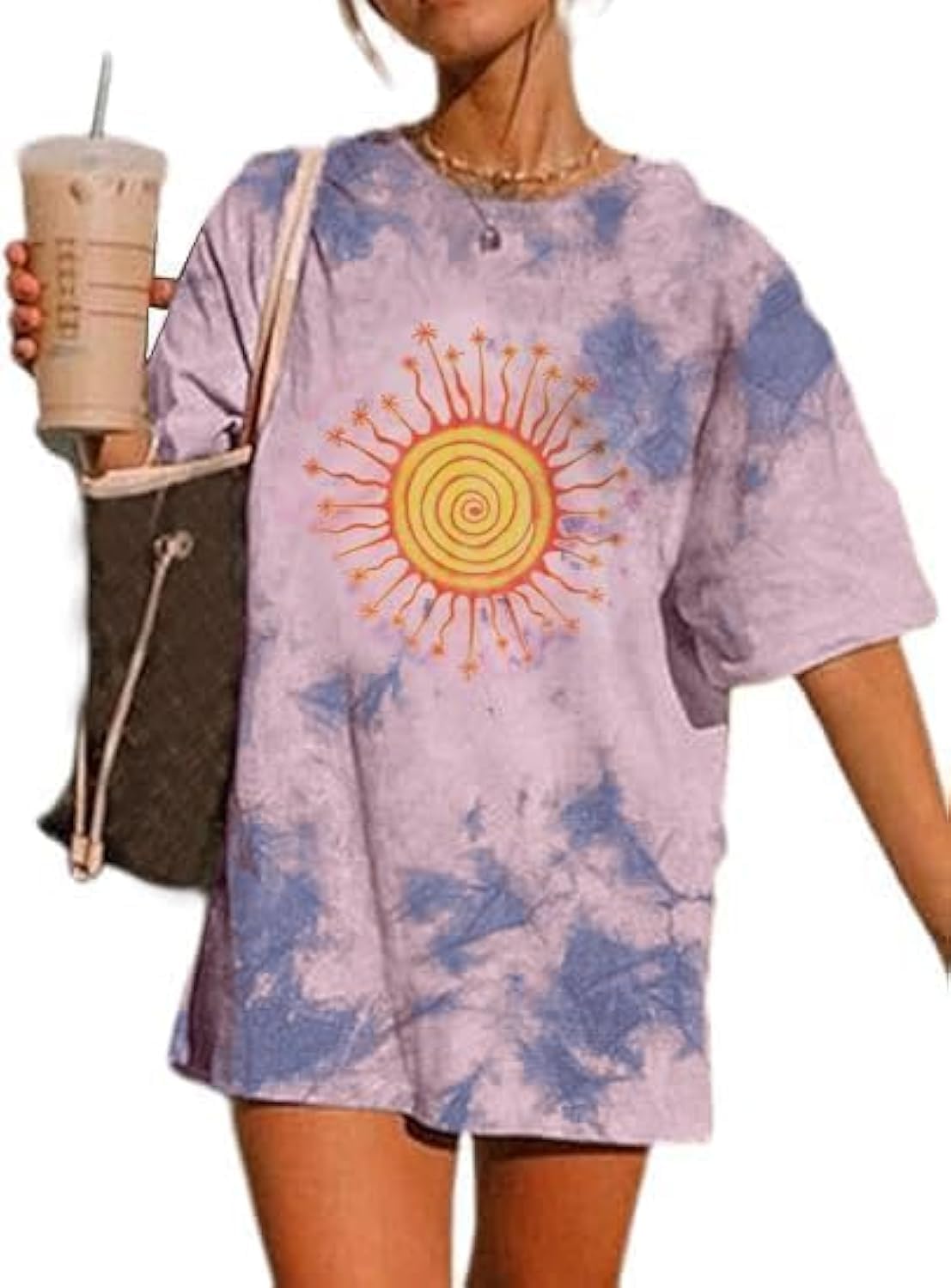 Remidoo Women's Casual Crewneck Short Sleeve Sun and Moon Print Tie Dye Oversized Graphic Top
