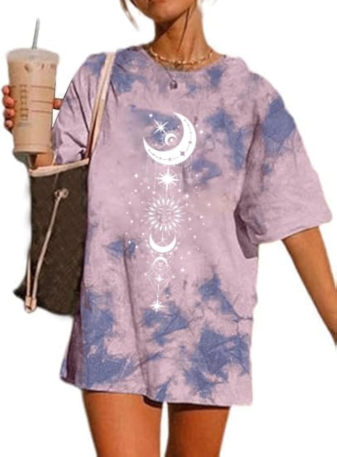 Remidoo Women's Casual Crewneck Short Sleeve Sun and Moon Print Tie Dye Oversized Graphic Top - Image 18