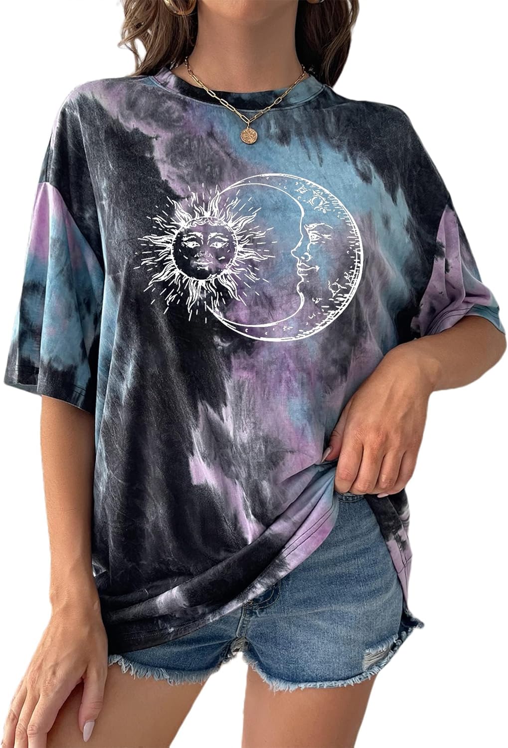Remidoo Women's Casual Crewneck Short Sleeve Sun and Moon Print Tie Dye Oversized Graphic Top - Image 8