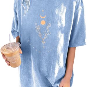 Remidoo Women's Casual Oversized T Shirt Short Sleeve Graphic Tee Letter Sun Moon Shirts