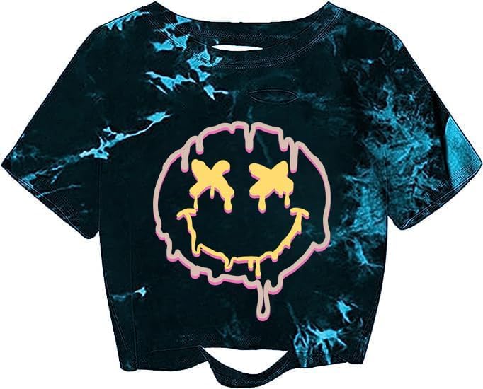 Remidoo Women's Casual Short Sleeve Graphic Print Tie Dye Crop Top T Shirt