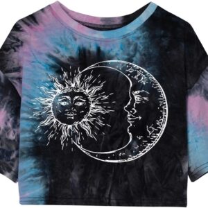 Remidoo Womens Tie Dye Short Sleeve Crop Top Crew Neck Graphic T Shirt