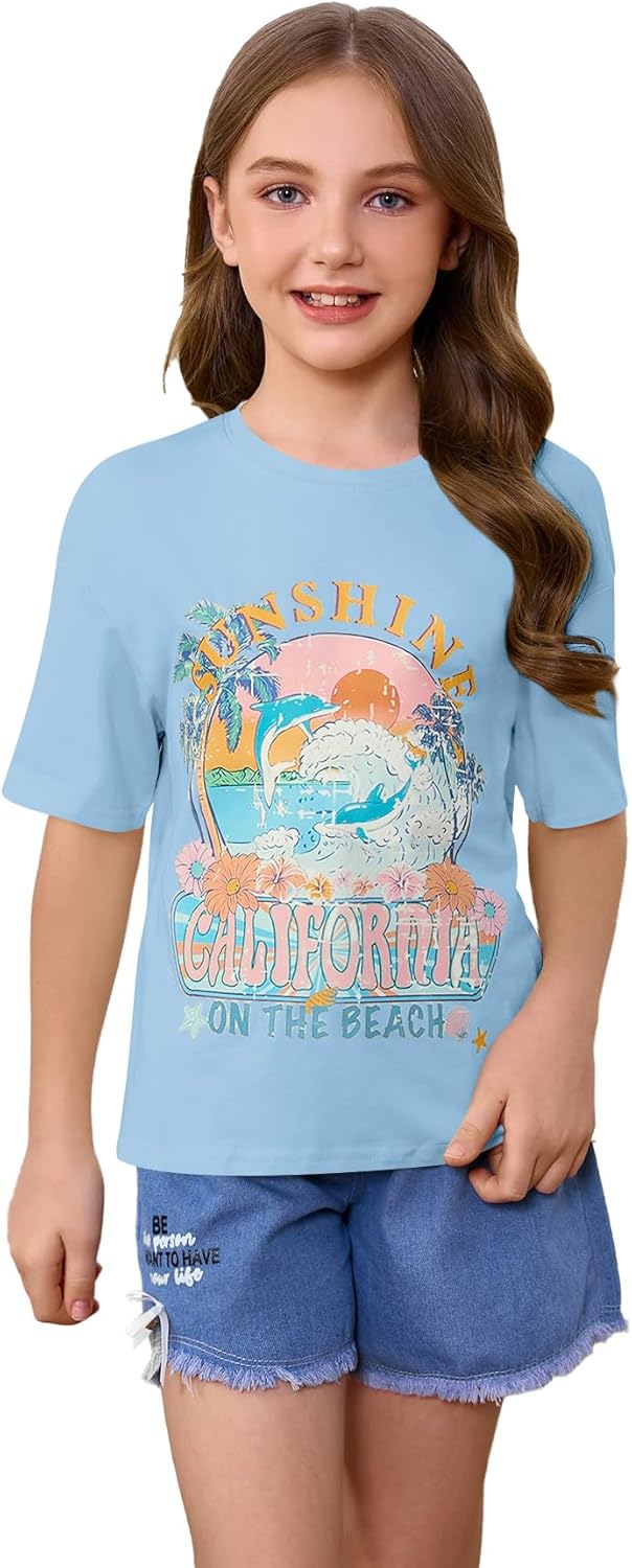 RoseSeek Girl's Graphic Print Tee Shirt Round Neck Short Sleeve T Shirts Summer Cute Trendy Tops - Image 17