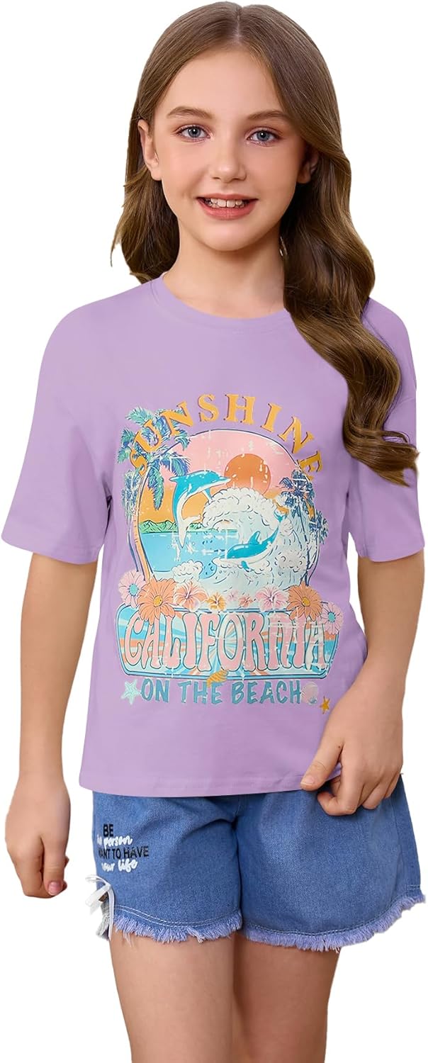 RoseSeek Girl's Graphic Print Tee Shirt Round Neck Short Sleeve T Shirts Summer Cute Trendy Tops - Image 44