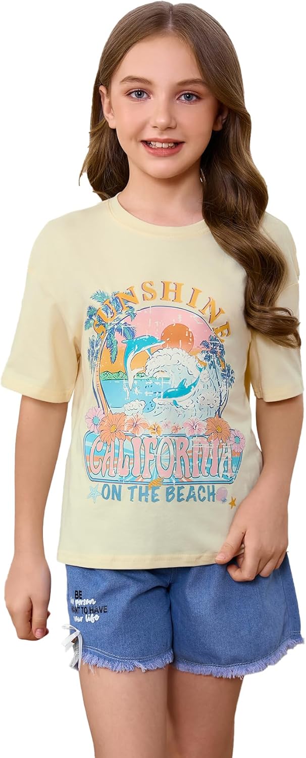 RoseSeek Girl's Graphic Print Tee Shirt Round Neck Short Sleeve T Shirts Summer Cute Trendy Tops - Image 23